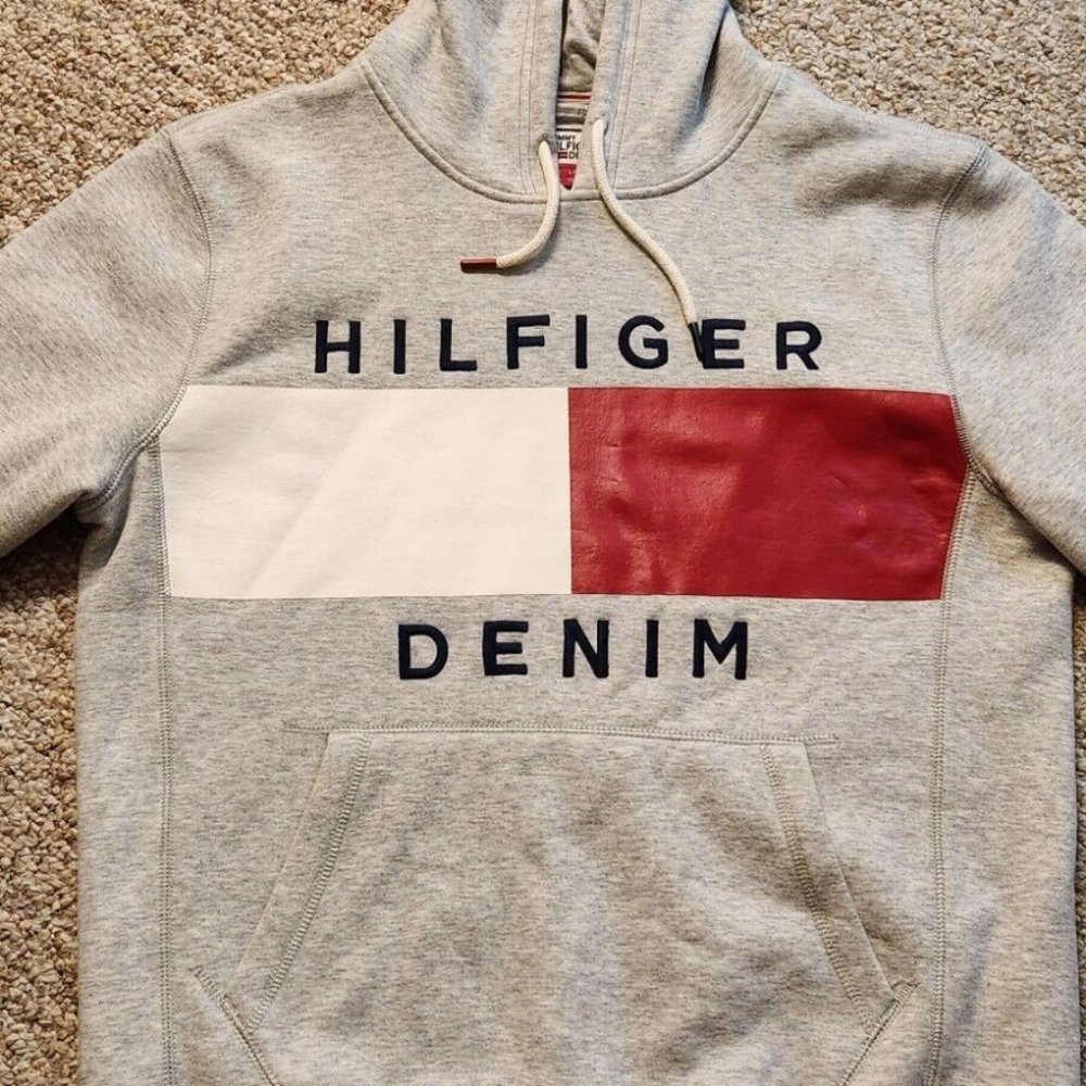Tommy Hilfiger Denim Brooks Logo Print Hoodie Large Gray